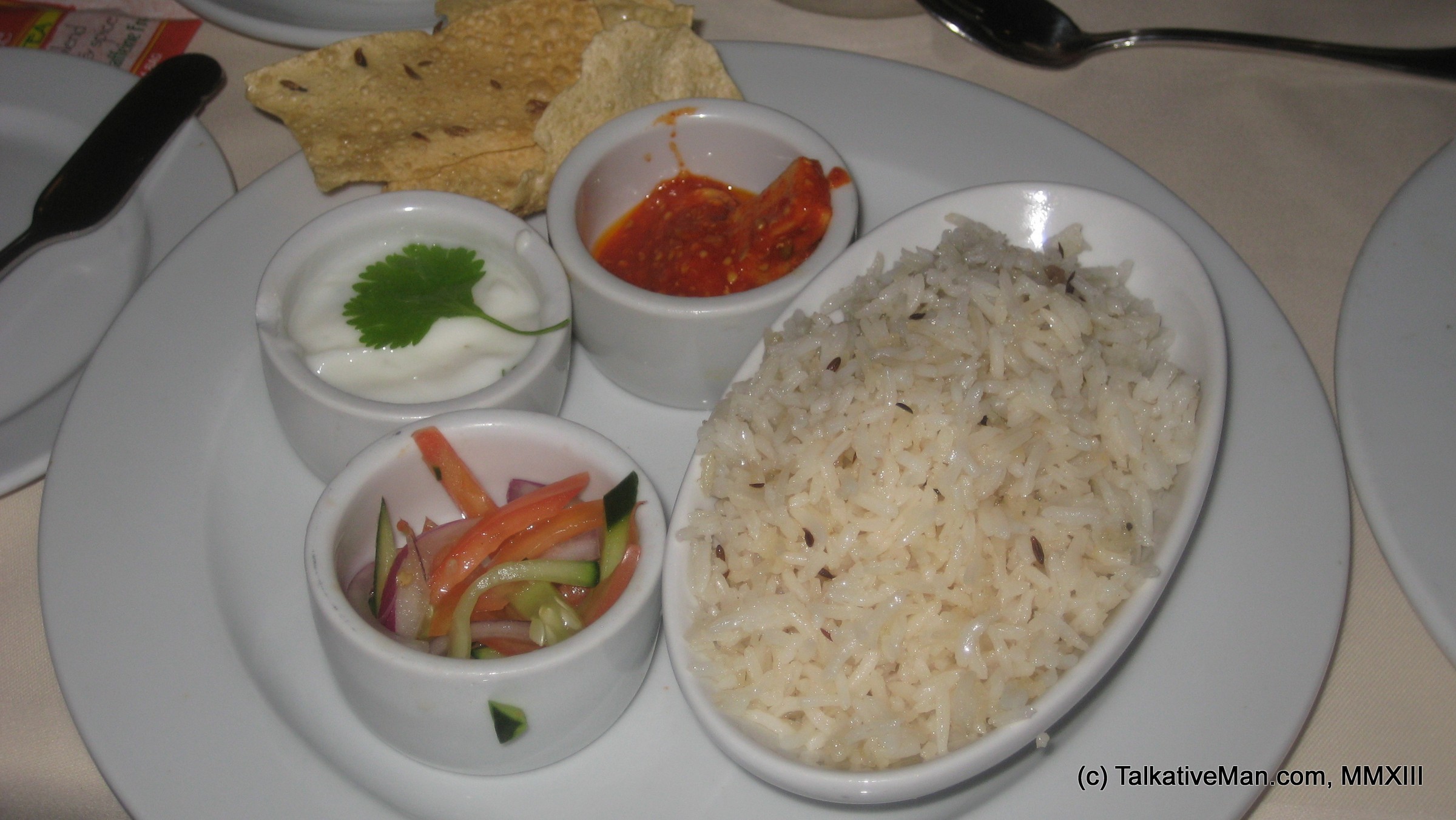 Carnival Cruise Indian Vegetarian Food: Day 5: Basmati Onion Pulao, Raita, Achar, Papad, Kachumber
