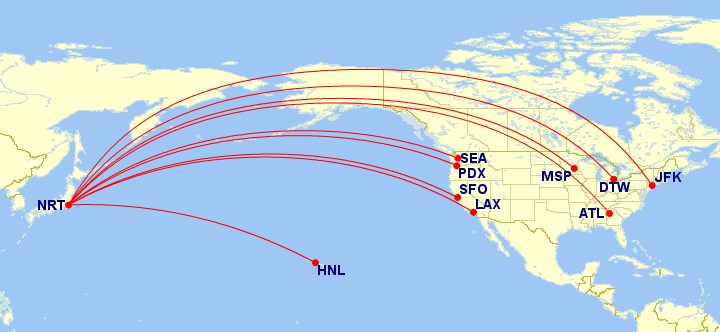 Delta Airlines Flights from United States to its Tokyo Narita Hub