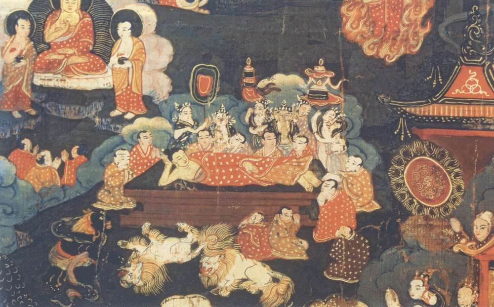 An 18th century painting of a reclining Buddha during the transition from this world to nirvana