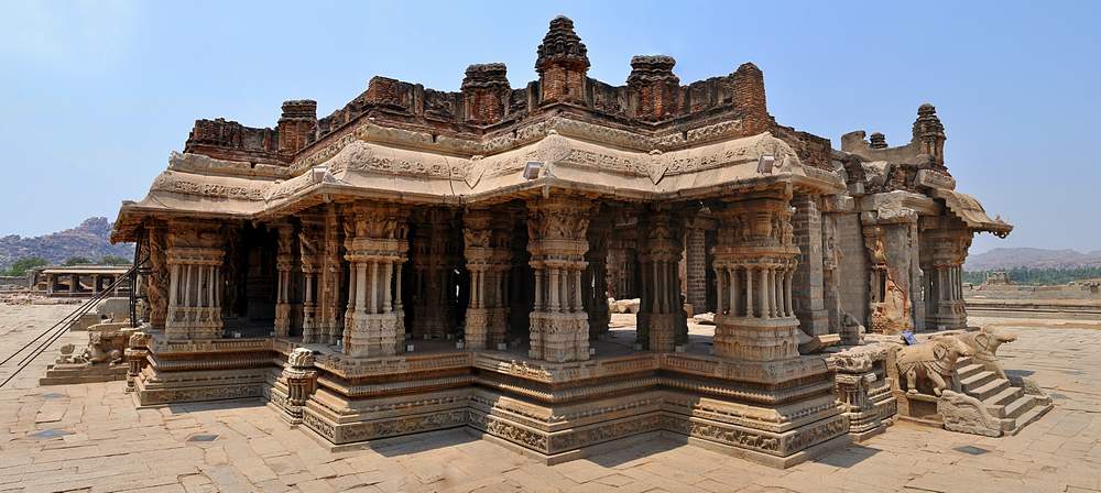 Pillars, pilasters, and the niches that exhibit Dravidian Temple Architecture at Hampi's Vijaya Vittala Temple
