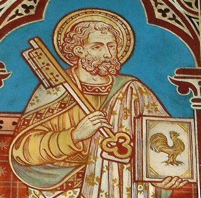 Symbols of St. Peter, the Apostle: Keys, Cockerel at Holy Trinity Church, Hildersham, UK